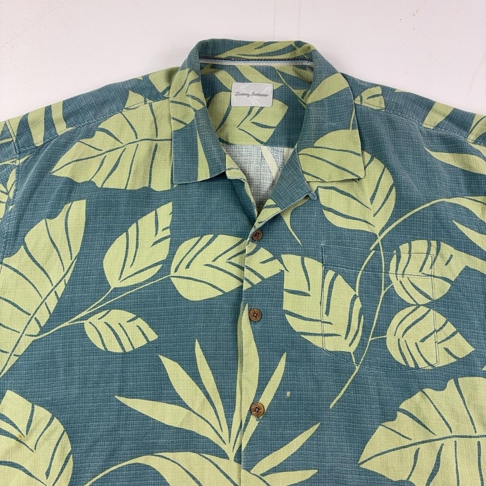 Tommy Bahama Shirt Mens 2XL Green Silk Leaf Hawaiian Short Sleeve Button Up